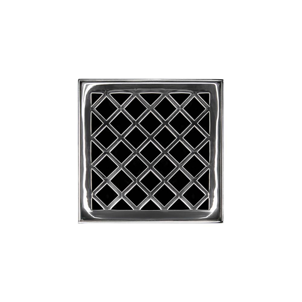 Infinity Drain 4'' x 4'' XDB 4 Complete Kit with Criss-Cross Pattern Decorative Plate in Polished Stainless with PVC Bonded Flange Drain Body, 2'', 3'' and 4'' Outlet