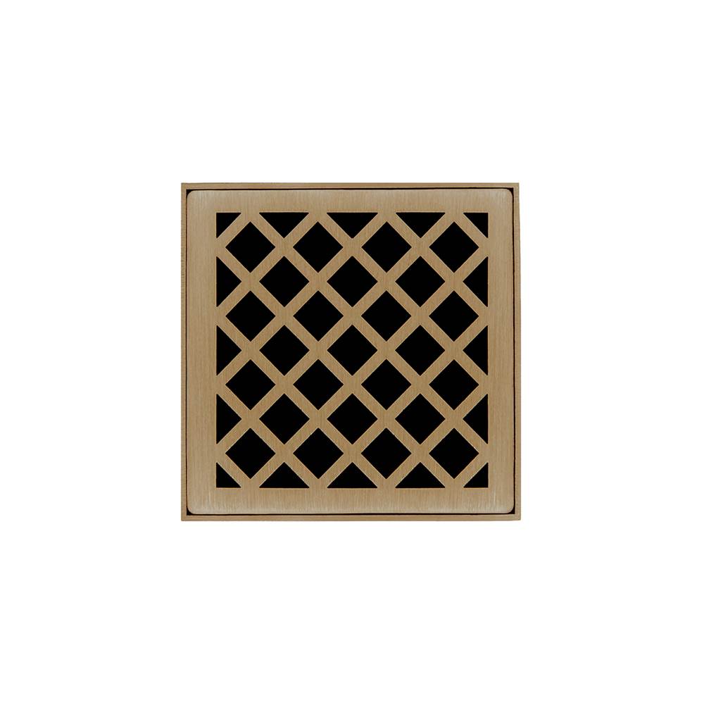 Infinity Drain 4'' x 4'' XDB 4 Complete Kit with Criss-Cross Pattern Decorative Plate in Satin Bronze with ABS Bonded Flange Drain Body, 2'', 3'' and 4'' Outlet